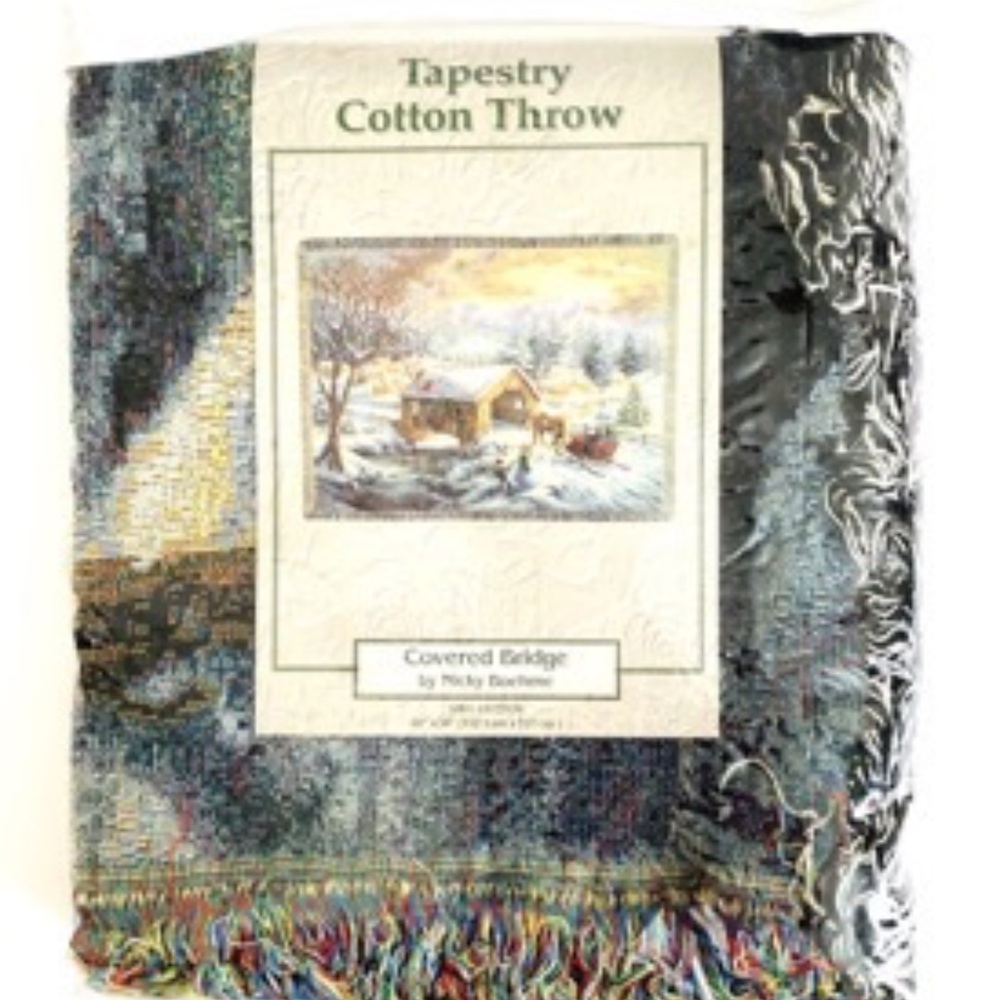 Nicky Boehme Tapestry Cotton Throw Blanket Afghan Covered Bridge 60" x 50"